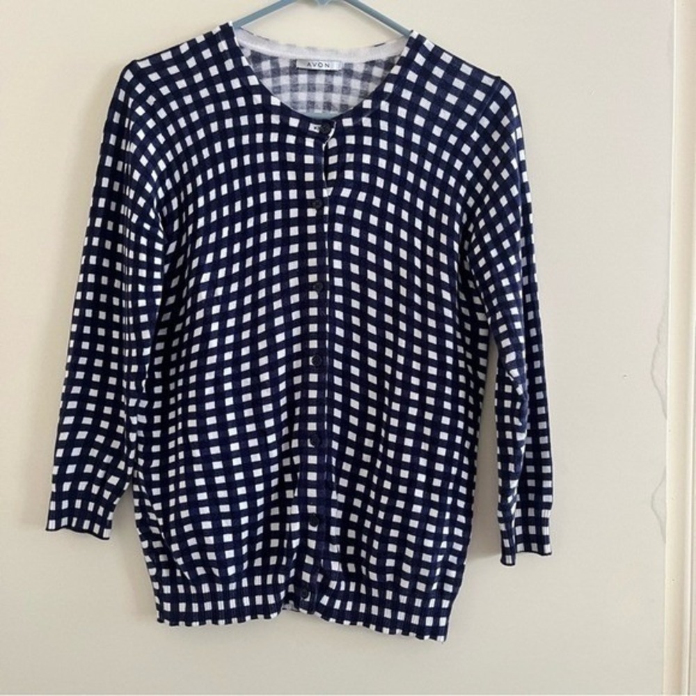 Womens Gingham Knit Cardigan Sweater Small 4-6 Preppy Modest Nautical Classic‎